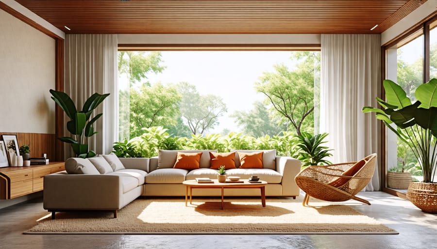 Living room designed with earthy color palettes and natural textures inspired by kratom.