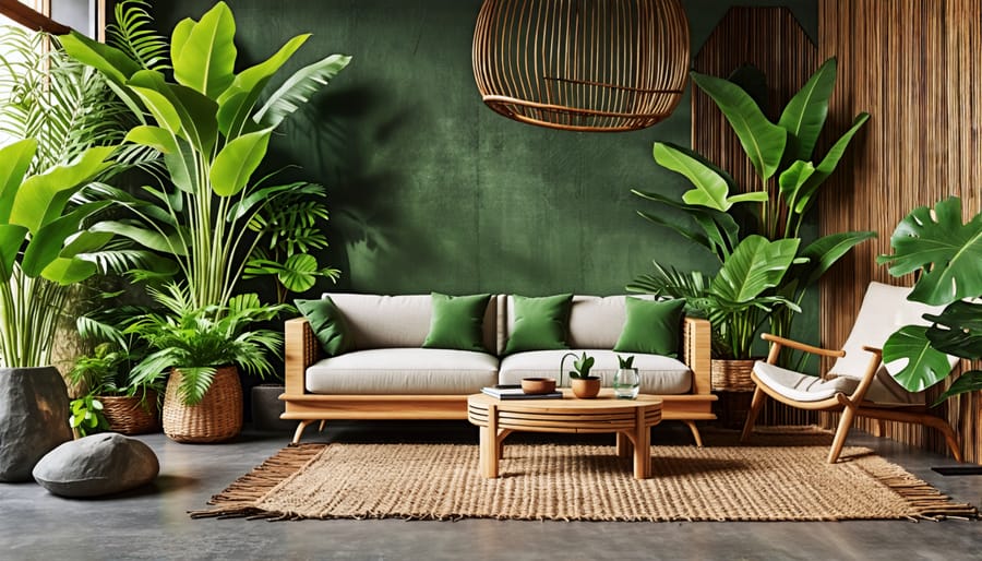 "A serene living room highlighting kratom-inspired design elements, featuring wooden accents, lush greenery, and organic shapes, with a color palette of muted greens and earthy tones."