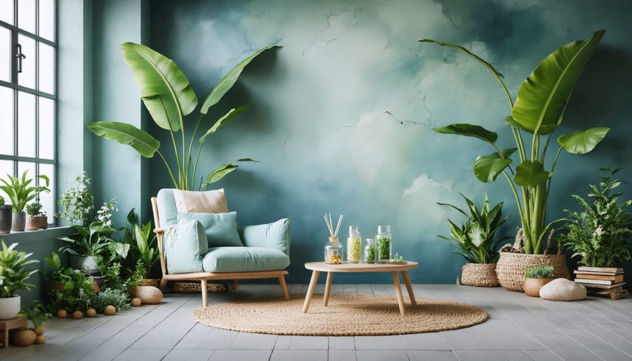 A serene living room designed with calming pastel colors, natural elements, and wellness products, including CBD gummies and a diffuser, promoting relaxation and tranquility.