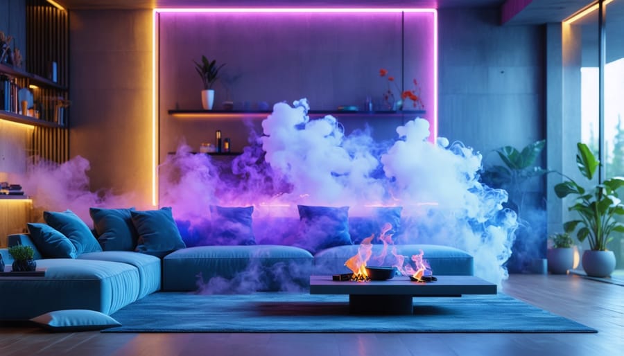 A contemporary living room showcasing vibrant colors and sleek metal furnishings inspired by vape culture