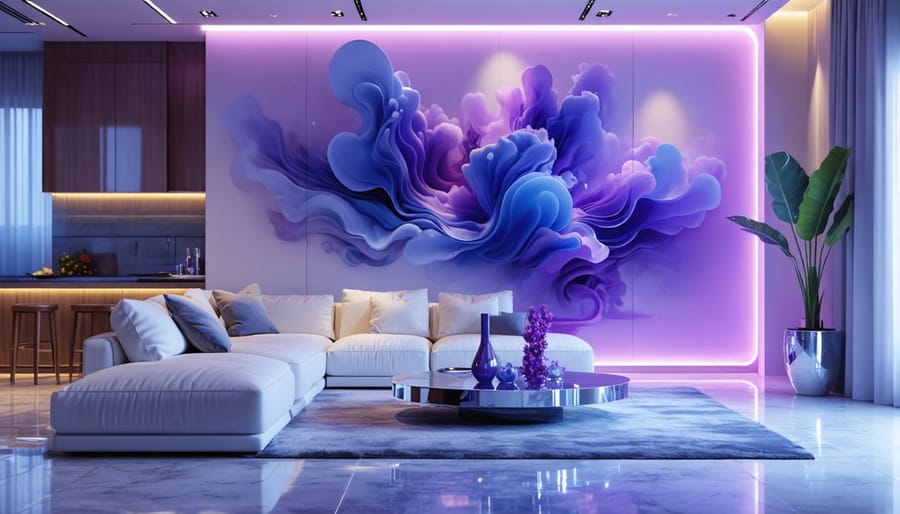 A contemporary living room designed with vibrant LED lighting and sleek metallic furnishings, inspired by the swirling patterns and atmospheric hues of vape culture.