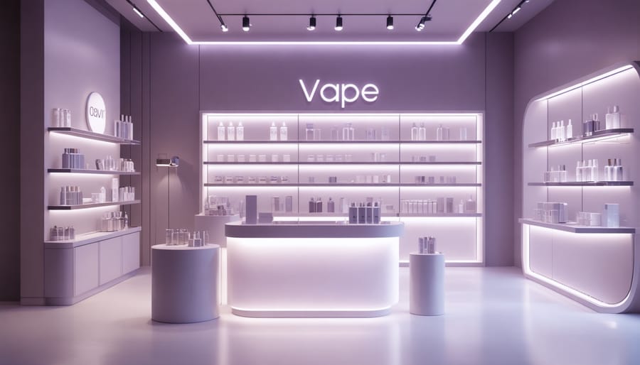 Retail environment designed with vape culture themes, emphasizing moody lighting and sleek glass shelves