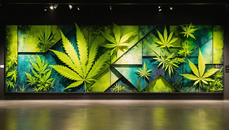 Modern wall art installation with botanical-inspired geometric designs and artistic lighting