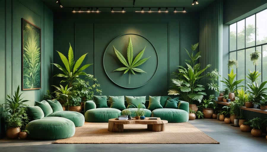 Sophisticated interior room with modern furniture, natural hemp textiles, and abstract botanical art, showcasing cannabis-inspired design in earthy tones.