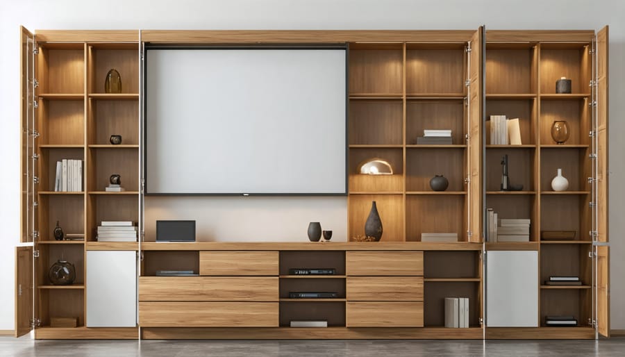 Contemporary wooden storage cabinet with discrete organizational features